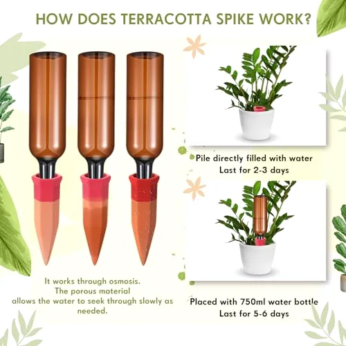 Plant Watering Devices, Terracotta Watering Spikes with Plastic Wine Bottles, Slow Release Vacation Insert Automatic Plant Waterer Devices for Indoor Outdoor view 3