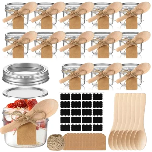 Mini Mason Jars with Wood Spoon Mini Jam Jars with Lids and Labels, Small Glass Canning for Jelly Spice Herbs Honey Storage Bridal Shower Wedding Favors DIY Candles ()