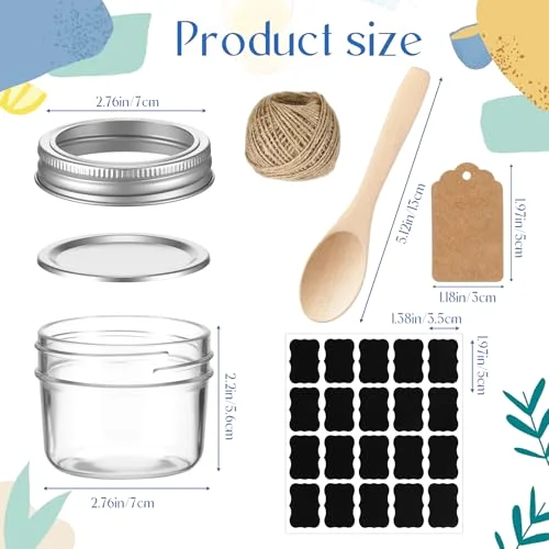 Mini Mason Jars with Wood Spoon Mini Jam Jars with Lids and Labels, Small Glass Canning for Jelly Spice Herbs Honey Storage Bridal Shower Wedding Favors DIY Candles () view 2