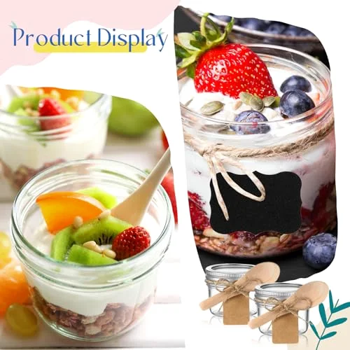 Mini Mason Jars with Wood Spoon Mini Jam Jars with Lids and Labels, Small Glass Canning for Jelly Spice Herbs Honey Storage Bridal Shower Wedding Favors DIY Candles () view 3