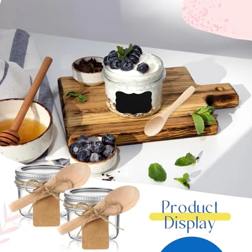 Mini Mason Jars with Wood Spoon Mini Jam Jars with Lids and Labels, Small Glass Canning for Jelly Spice Herbs Honey Storage Bridal Shower Wedding Favors DIY Candles () view 4