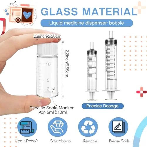 Liquid Medicine Travel Container Scale Glass Bottles, Single Dose Medicine Bottles Dispenser with Leak-proof Plug and& Plastic Syringe Travel Essentials Accessories() view 2