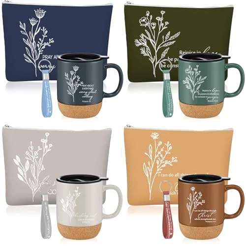 Christian Gifts Set Coffee Mug Cup Bible Verse Makeup Bag with Keychain Religious Church Gifts for Women Clergy Pastor Wife Grandma(Neutral)