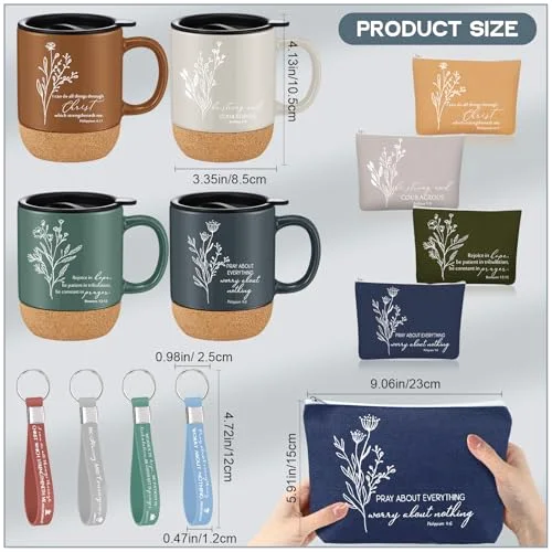 Christian Gifts Set Coffee Mug Cup Bible Verse Makeup Bag with Keychain Religious Church Gifts for Women Clergy Pastor Wife Grandma(Neutral) view 2