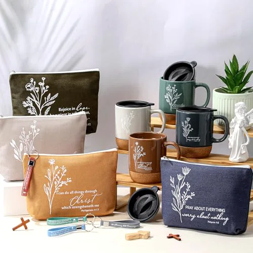 Christian Gifts Set Coffee Mug Cup Bible Verse Makeup Bag with Keychain Religious Church Gifts for Women Clergy Pastor Wife Grandma(Neutral) view 5