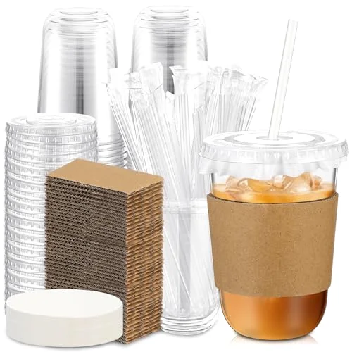 Plastic Coffee Cups with Leak-proof Paper, Cup Sleeves, Lids, and Straws, Disposable PET Cups for Iced Coffee, Cold Drinks, Juice, Smoothie, Milkshake, Cafes, Party()