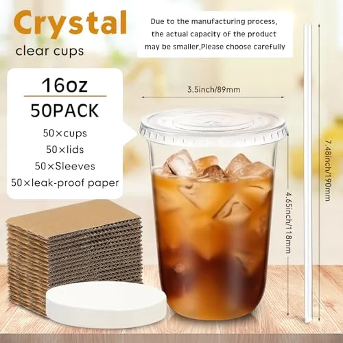 Plastic Coffee Cups with Leak-proof Paper, Cup Sleeves, Lids, and Straws, Disposable PET Cups for Iced Coffee, Cold Drinks, Juice, Smoothie, Milkshake, Cafes, Party() view 3