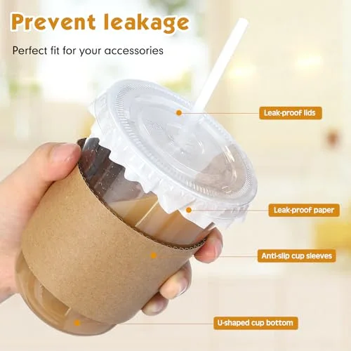 Plastic Coffee Cups with Leak-proof Paper, Cup Sleeves, Lids, and Straws, Disposable PET Cups for Iced Coffee, Cold Drinks, Juice, Smoothie, Milkshake, Cafes, Party() view 4
