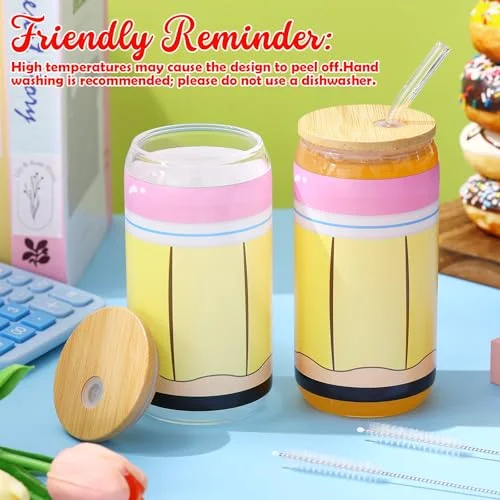 Back to School Teacher Gifts Glass Cups Drinking Tumbler with Lids and Straws Coffee Cups Bulk First Day of School Gifts for Women (,Notebook Line) view 7