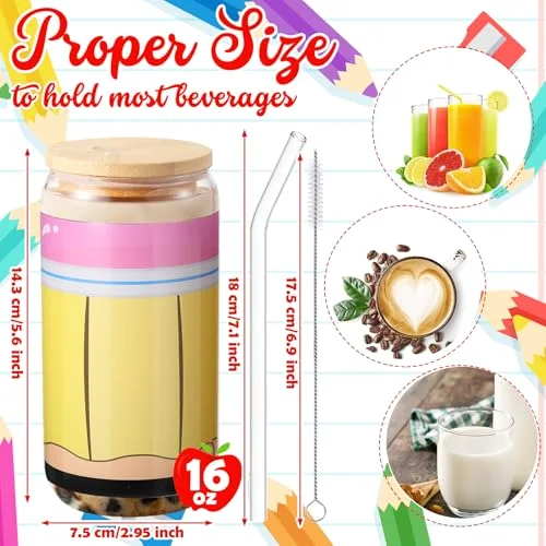 Back to School Teacher Gifts Glass Cups Drinking Tumbler with Lids and Straws Coffee Cups Bulk First Day of School Gifts for Women (,Notebook Line) view 9