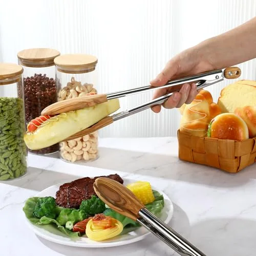 Olive Wooden Kitchen Tongs for Cooking Wooden Utensil Set Salad Tongs with Wood Tips for Serving Salad Flipping Burgers Grilling and Much More view 7