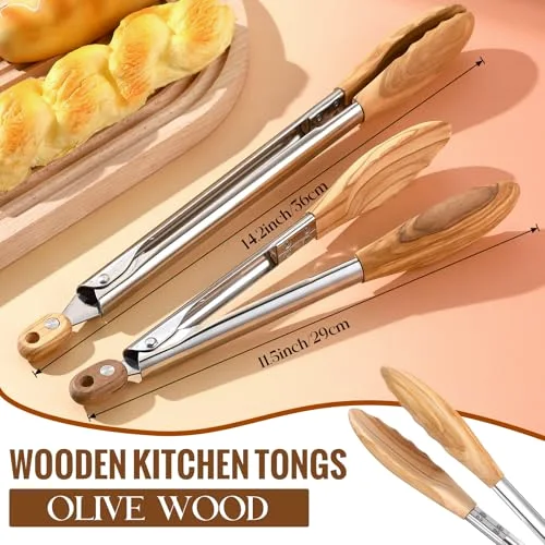 Olive Wooden Kitchen Tongs for Cooking Wooden Utensil Set Salad Tongs with Wood Tips for Serving Salad Flipping Burgers Grilling and Much More view 8