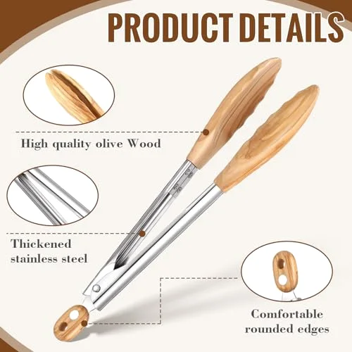 Olive Wooden Kitchen Tongs for Cooking Wooden Utensil Set Salad Tongs with Wood Tips for Serving Salad Flipping Burgers Grilling and Much More view 9
