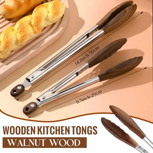Kitchen Tongs for Cooking Wooden Utensil Set Salad Tongs with Wood Tips for Serving Salad Flipping Burgers Grilling and Much More (,Walnut Wooden) view 8