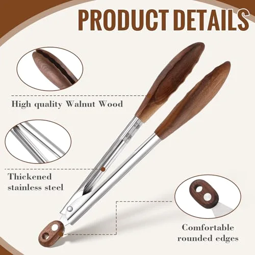 Kitchen Tongs for Cooking Wooden Utensil Set Salad Tongs with Wood Tips for Serving Salad Flipping Burgers Grilling and Much More (,Walnut Wooden) view 9