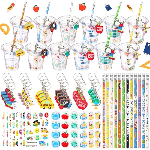 Back to School Gifts for Students Party Favors Gift Cups Filler for Kids Supplies, First Day of School Pencil Keychain Eraser for Classroom Rewards Game Prize Stationery Goodie Bags