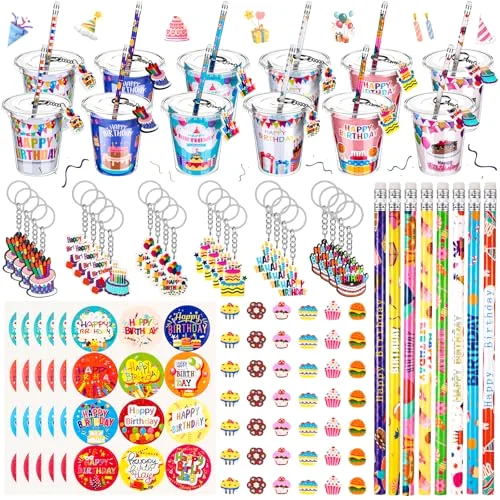 Classroom Birthday Gifts for Students Goodie Bag Cup Fillers Birthday Party Favors Supplies Include Goodie Cups Pencil Eraser Keychain Sticker Greeting Card for Prizes Rewards