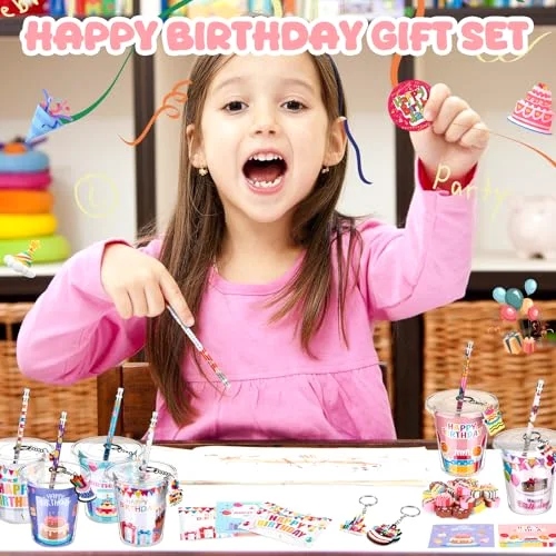 Classroom Birthday Gifts for Students Goodie Bag Cup Fillers Birthday Party Favors Supplies Include Goodie Cups Pencil Eraser Keychain Sticker Greeting Card for Prizes Rewards view 5