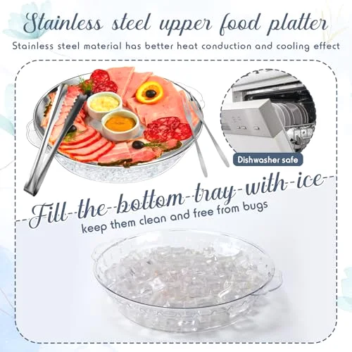 6-Pack 11.8" Chilled Serving Tray Set with Ice Underneath, Stainless Steel Clip, Fruit Fork; Modern Round Iced Platter for Parties, Shrimp Cocktail, Oysters, Crawfish, Fruits view 3