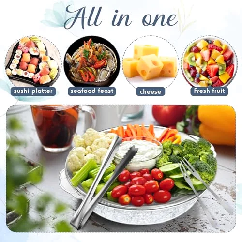 6-Pack 11.8" Chilled Serving Tray Set with Ice Underneath, Stainless Steel Clip, Fruit Fork; Modern Round Iced Platter for Parties, Shrimp Cocktail, Oysters, Crawfish, Fruits view 4