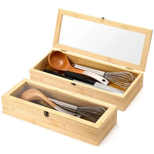 Bamboo Drawer Organizer with Lid Stackable Utensil Organizer Kitchen Silverware Holder Bamboo Flatware Cutlery Storage Box in Drawer
