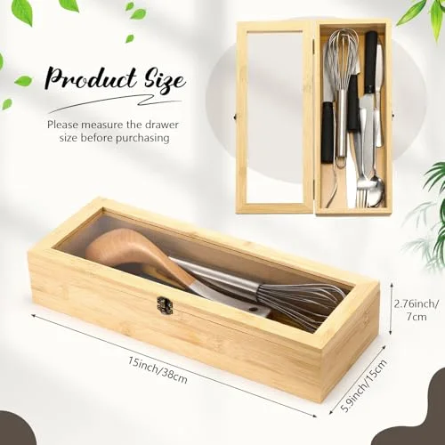 Bamboo Drawer Organizer with Lid Stackable Utensil Organizer Kitchen Silverware Holder Bamboo Flatware Cutlery Storage Box in Drawer view 2