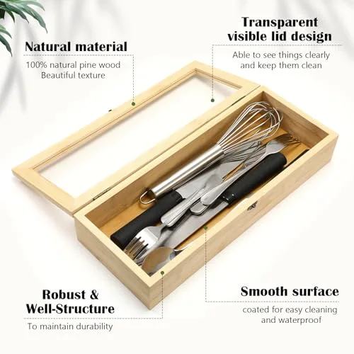 Bamboo Drawer Organizer with Lid Stackable Utensil Organizer Kitchen Silverware Holder Bamboo Flatware Cutlery Storage Box in Drawer view 3