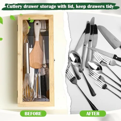 Bamboo Drawer Organizer with Lid Stackable Utensil Organizer Kitchen Silverware Holder Bamboo Flatware Cutlery Storage Box in Drawer view 4