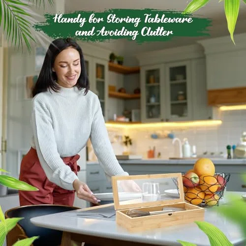 Bamboo Drawer Organizer with Lid Stackable Utensil Organizer Kitchen Silverware Holder Bamboo Flatware Cutlery Storage Box in Drawer view 5