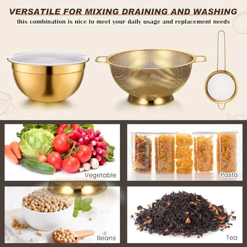 Kitchen Accessories Set Includes 3 Mixing Bowls with Airtight Lids Stainless Steel Colander Grater Slicer and Fine Mesh Strainer (Mixing Bowls: 3.7/5/7 Qt, Colander: 5 Qt) view 8