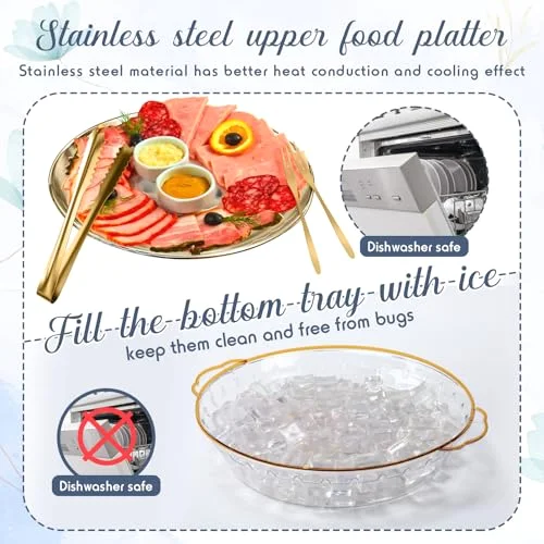 11.8" Chilled Serving Tray for Parties Round Iced Platter with Ice Underneath Stainless Steel Clip Fruit Fork Shrimp Cocktail Serving Dish for Oysters Crawfish Fruits (Original) view 8