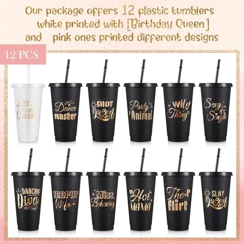 Birthday Party Glitter Tumblers Squad Plastic Tumblers with Lid and Straw for 20th 30th 40th 50th 60th Birthday Decorations Favor for Women Adults () view 8