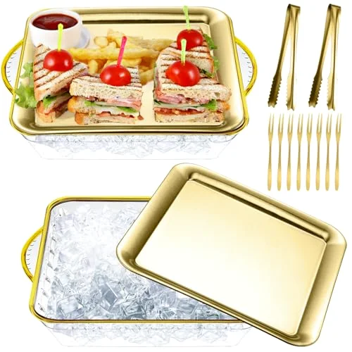 9" Chilled Serving Tray for Parties with Compartments Ice Chilled Party Platter Charcuterie Serving Board Cold Dish Dip with Forks Tongs for Fruit Seafood Vegetable Appetizer() view 6