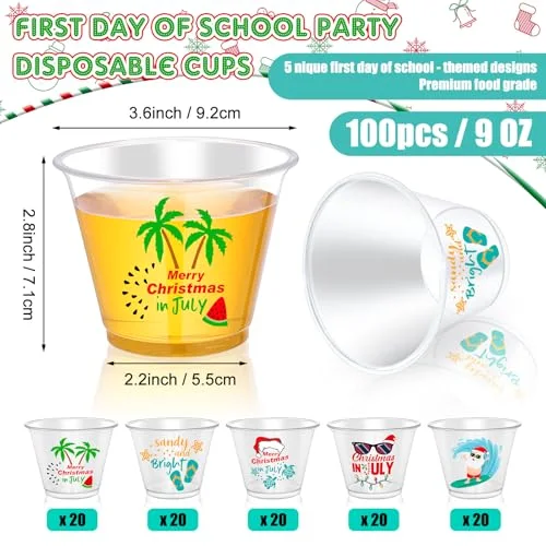 Christmas in July Party Cups Bulk Merry Christmas in July Disposable Plastic Cups Summer Xmas Decorations Party Supplies for Summer Xmas Beer Juice Drinks Coffee view 2