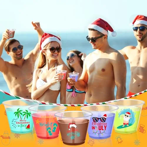 Christmas in July Party Cups Bulk Merry Christmas in July Disposable Plastic Cups Summer Xmas Decorations Party Supplies for Summer Xmas Beer Juice Drinks Coffee view 5