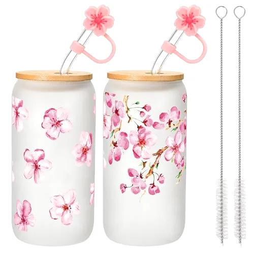 Cherry Blossom Glass Cup Aesthetic Sakura Coffee Cup with Bamboo Lid Straw Cleaning Brush and Flowers Straw Cover Cap for Mother's Day Wedding Birthday Gift(Frosted Style)