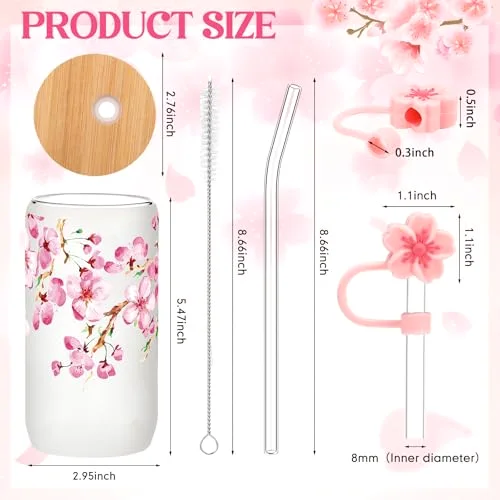 Cherry Blossom Glass Cup Aesthetic Sakura Coffee Cup with Bamboo Lid Straw Cleaning Brush and Flowers Straw Cover Cap for Mother's Day Wedding Birthday Gift(Frosted Style) view 2