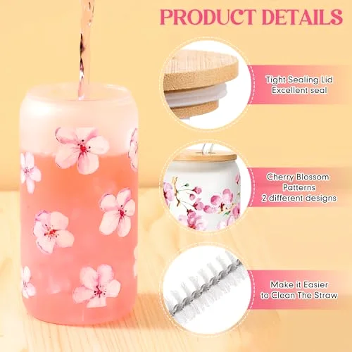 Cherry Blossom Glass Cup Aesthetic Sakura Coffee Cup with Bamboo Lid Straw Cleaning Brush and Flowers Straw Cover Cap for Mother's Day Wedding Birthday Gift(Frosted Style) view 3