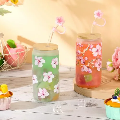 Cherry Blossom Glass Cup Aesthetic Sakura Coffee Cup with Bamboo Lid Straw Cleaning Brush and Flowers Straw Cover Cap for Mother's Day Wedding Birthday Gift(Frosted Style) view 5