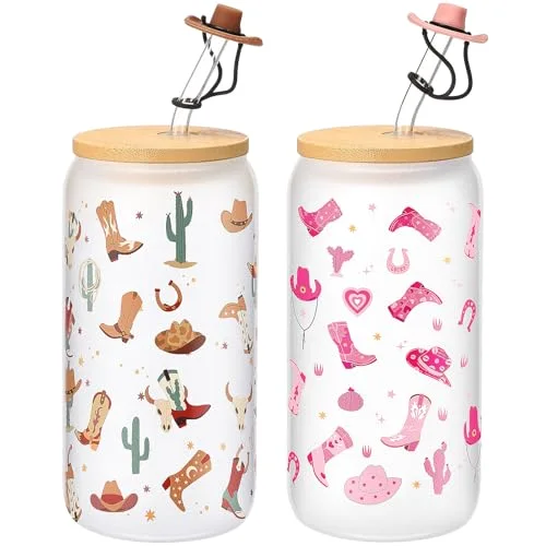 Western Cowgirl Glass Cups with Bamboo Lid,Frosted