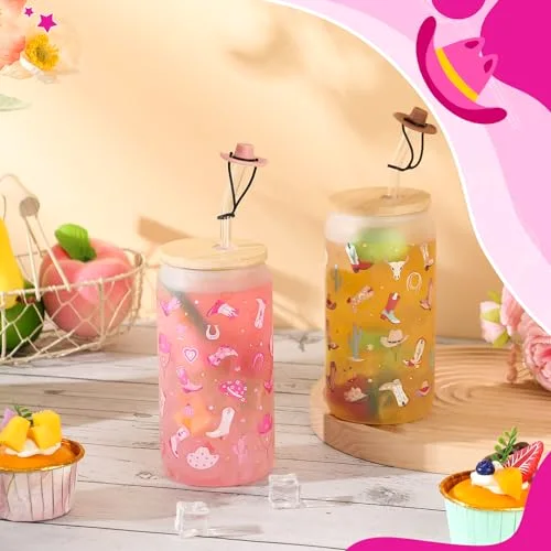 Western Cowgirl Glass Cups with Bamboo Lid,Frosted view 2