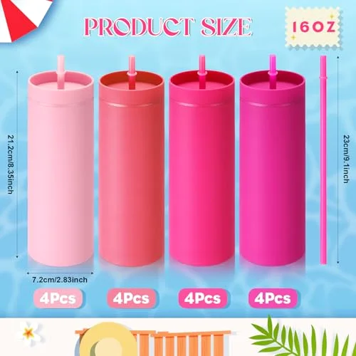 Skinny Tumblers Bulk with Lid and Straw Reusable Double Wall Plastic Travel Mugs Party Favors for Women Girls Birthday Summer Gifts () view 7