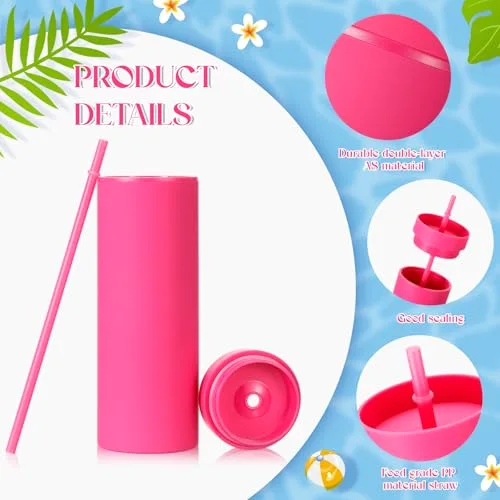 Skinny Tumblers Bulk with Lid and Straw Reusable Double Wall Plastic Travel Mugs Party Favors for Women Girls Birthday Summer Gifts () view 8