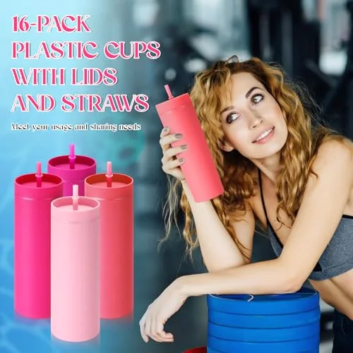 Skinny Tumblers Bulk with Lid and Straw Reusable Double Wall Plastic Travel Mugs Party Favors for Women Girls Birthday Summer Gifts () view 9