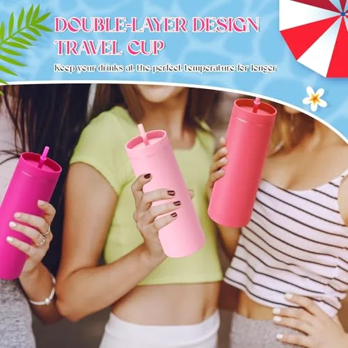 Skinny Tumblers Bulk with Lid and Straw Reusable Double Wall Plastic Travel Mugs Party Favors for Women Girls Birthday Summer Gifts () view 10