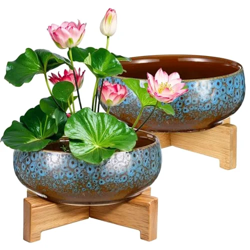 Lotus Bowl Planter with Base Ceramic Hydroponic Planter Water Lily Bowl for Planting Aquatic and Indoor Plants Household Ceramic Basin Decor() view 6