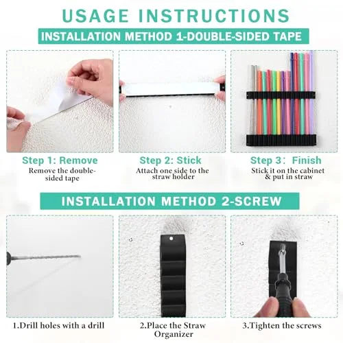 Straw Holder for Cabinet Reusable Straw Organizer with Double Sided Adhesive Tape Screws Storage Container for Kitchen Counter Cupboard(,Classic) view 2