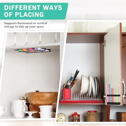 Straw Holder for Cabinet Reusable Straw Organizer with Double Sided Adhesive Tape Screws Storage Container for Kitchen Counter Cupboard(,Classic) view 4