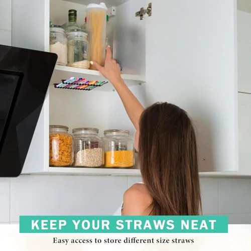 Straw Holder for Cabinet Reusable Straw Organizer with Double Sided Adhesive Tape Screws Storage Container for Kitchen Counter Cupboard(,Classic) view 5