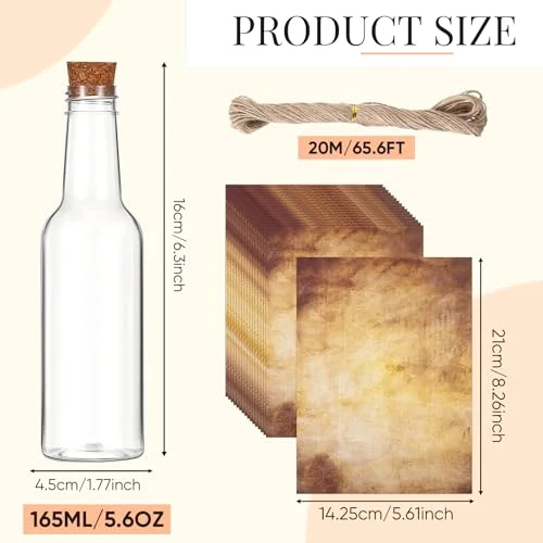 Message Bottles with Letter Printer Paper Plastic Bottles & Corks Twines for Message Invitations Birthday Wedding Baby Shower DIY Crafts Gift Party Favors (Vintage) view 7